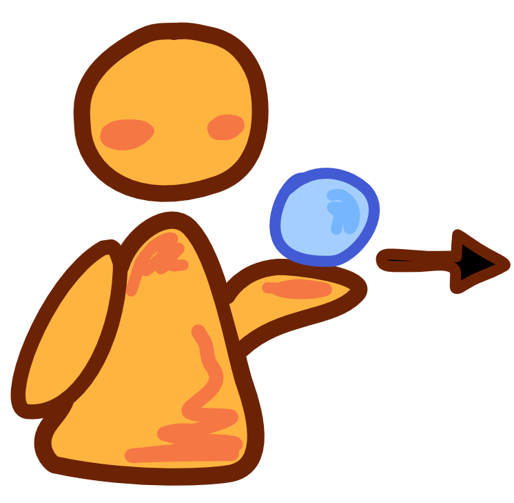 yellow figure with a blue ball sitting on its hand. An arrow points forward